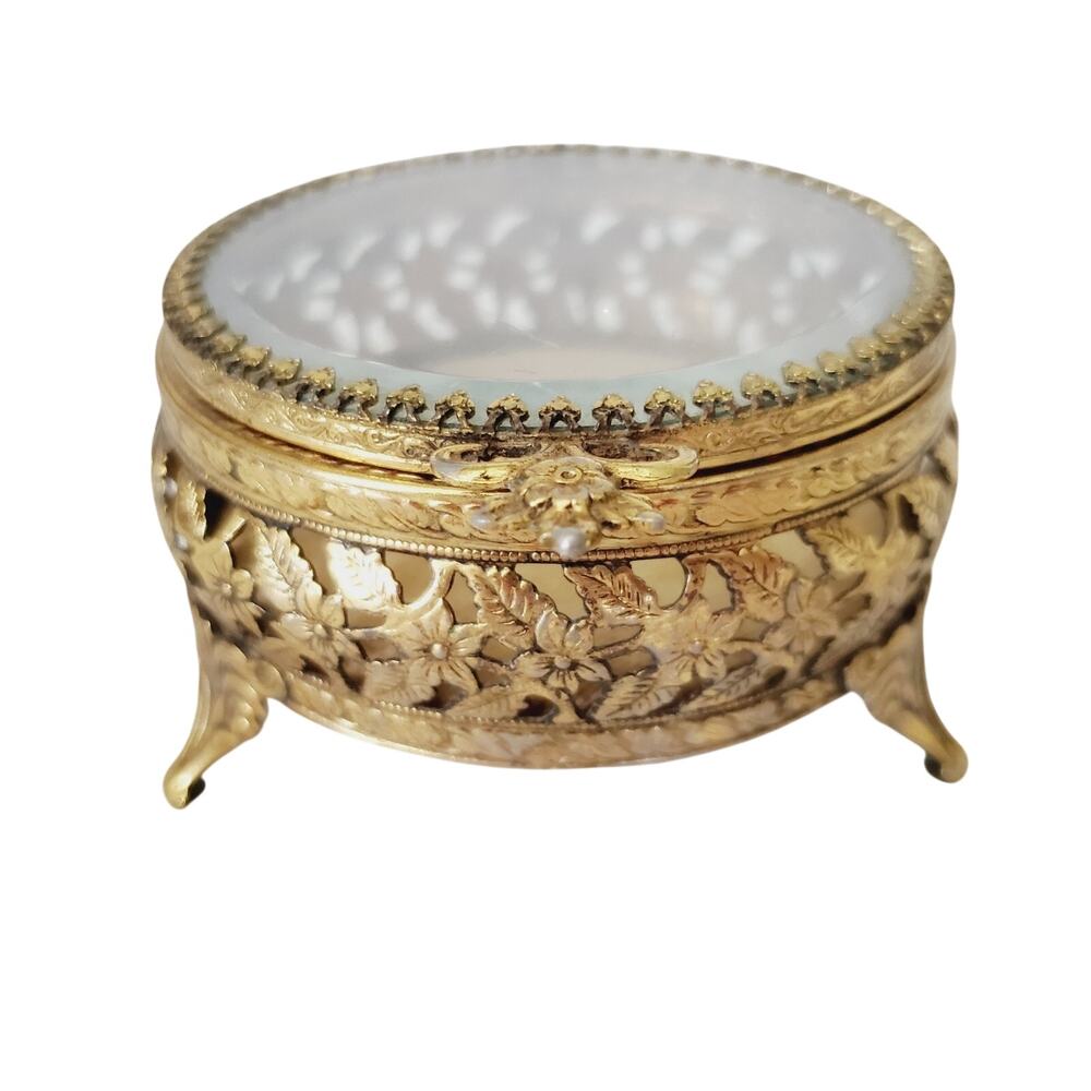 Antique Etched Floral Ormolu Beveled Round Glass Jewelry Box Legs Casket Vanity